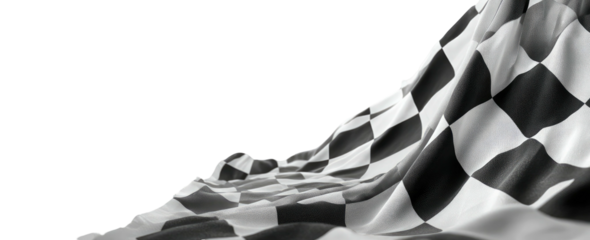 A close-up of a checkered flag billowing in the wind, with a black background