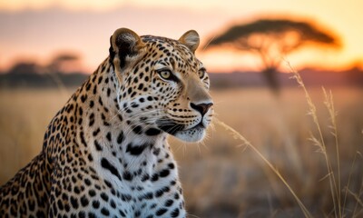 Fototapeta premium A leopard gazes confidently toward the setting sun in its natural African habitat