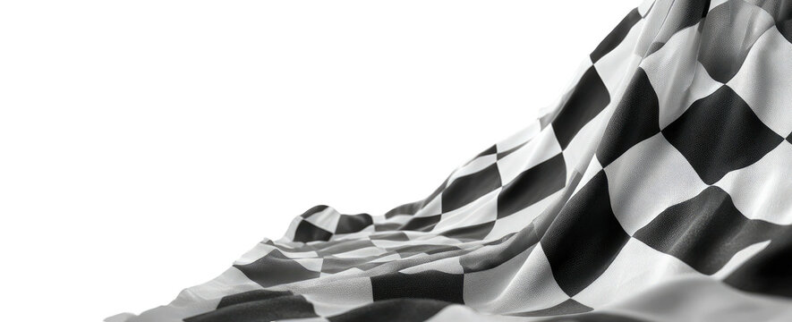 A close-up of a checkered flag billowing in the wind, with a black background