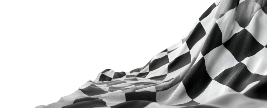 A close-up of a checkered flag billowing in the wind, with a black background