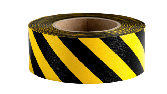 Spool of striped black and yellow tape on a black backdrop, showing the core