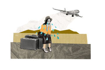 Composite photo collage of upset girl sit suitcase miss flight aircraft leaving summer vacation...