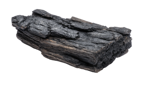 Close-up of a charcoal-like chunk against a transparent background, showcasing textured details