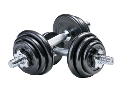 Pair of black metallic weightlifting dumbbells with ridged plates and chrome handle, isolated