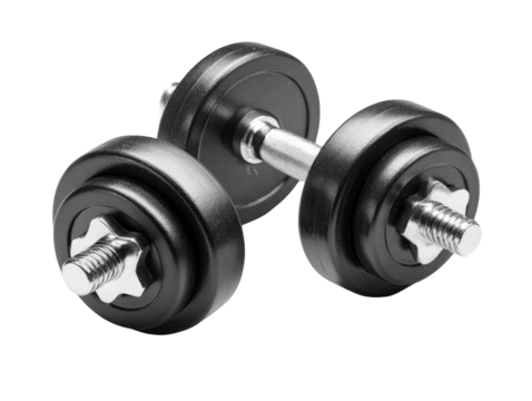A close-up of a black dumbbell with multiple weight plates on each end. Isolated on black