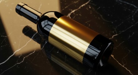 Dark glass wine bottle with gold label on black marble surface image