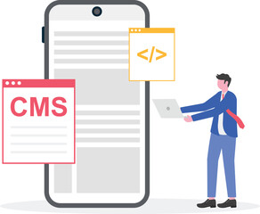 CMS, PHP, and MySql development, information architecture concept with people characters.

