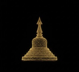 Naklejka premium 3D rendered gold-colored stupa model against black backdrop; detailed, glowing, intricate lines