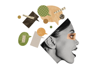 Creative image picture young woman face textbox communication concept share mind opinions forum discussion conversation