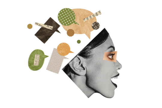 Creative image picture young woman face textbox communication concept share mind opinions forum discussion conversation