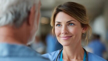 Smiling female nurse and doctor in blue medical scrubs with stethoscope providing compassionate care to patient in hospital healthcare environment showing dedication and professionalism