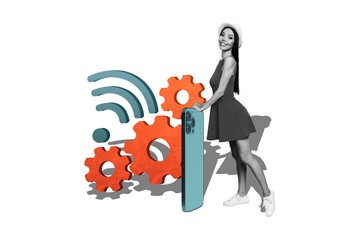 Poster banner collage of girl hold cell smart device with gear cog wheel hotspot on pastel color background