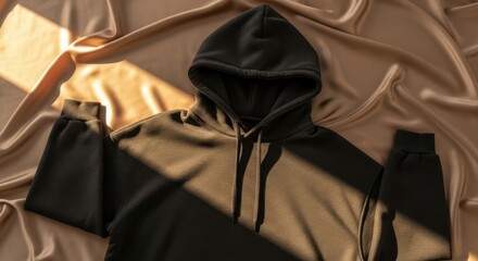 Dark hooded sweatshirt laid flat on draped beige satin fabric with sunlit shadows hoodie dark grey