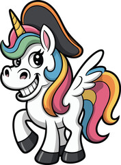 Cute cartoon unicorn with rainbow mane wearing pirate hat, fantasy animal illustration, magical fairytale creature, colorful children character art
