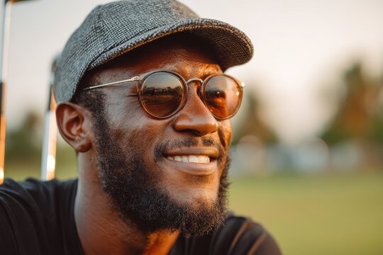 African American Golfer: Smiling Man in Cap and Sunglasses Enjoying a Game of Golf