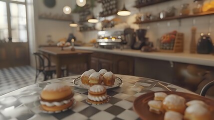 Sweet pastries and donuts displayed on glass stands in cozy vintage bakery interior with checkered floor, wooden furniture and warm lighting, creating inviting atmosphere.