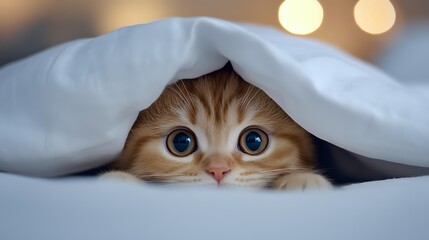 Adorable ginger cat with big blue eyes peeking out from under white blanket, creating playful and humorous mood against soft bokeh background.