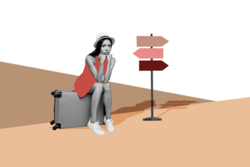Composite artwork sketch image photo collage of summer vacation travel tour voyage young lady sit baggage relocate choose way signpost