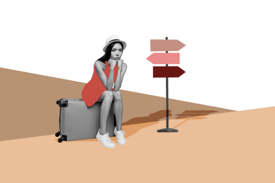 Composite artwork sketch image photo collage of summer vacation travel tour voyage young lady sit baggage relocate choose way signpost