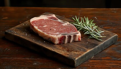Raw marbled beef steak with fresh rosemary sprig on rustic wooden cutting board against dark background, seasoned with salt and pepper.