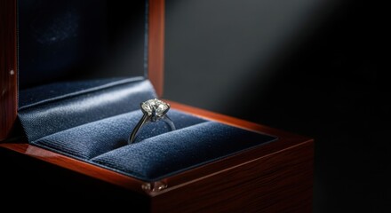 Diamond engagement ring in open wooden box with blue velvet lining illuminated by spotlight diamond ring