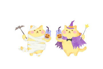 ハロウィン・仮装してパンプキンジュースを持つ可愛い猫のベクターイラスト素材／水彩風