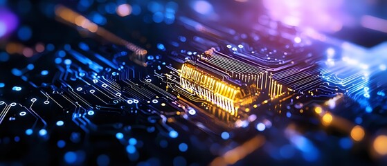 Glowing microprocessor on circuit board with blue and purple lighting effects, macro photography showing electronic components and digital technology.