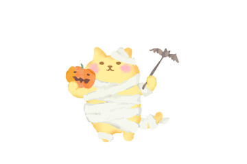 ハロウィン・仮装してかぼちゃを持つ可愛い猫のベクターイラスト素材／水彩風