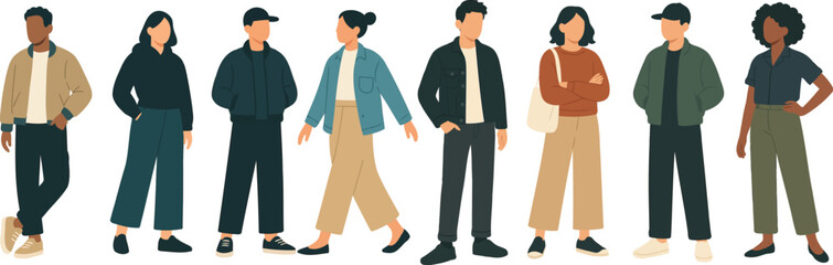 Modern casual people characters in flat vector style, diverse men and women outfits, standing poses lineup on clean light background, minimal no outlines, trendy neutral palette for stock illustration
