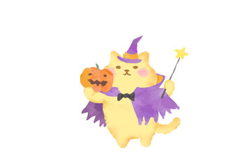 ハロウィン・仮装してかぼちゃを持つ可愛い猫のベクターイラスト素材／水彩風