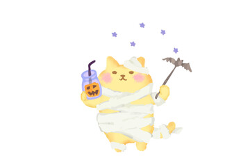 ハロウィン・仮装してパンプキンジュースを持つ可愛い猫のベクターイラスト素材／水彩風
