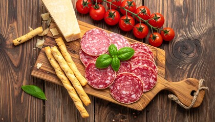 Salami, cheese, and breadsticks on a wooden board