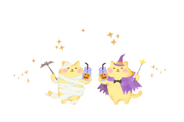 ハロウィン・仮装してパンプキンジュースを持つ可愛い猫のベクターイラスト素材／水彩風