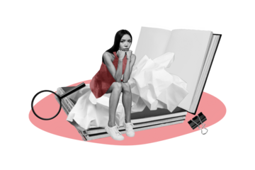 Composite image montage trend artwork 3D collage of young lady study prepare exam loupe search student book paper education sad bad mood