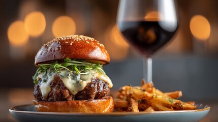 Gourmet hamburger served with crispy fries and a glass of red wine in a dimly lit restaurant setting
