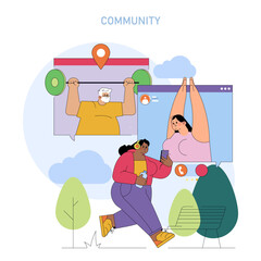 Virtual Fitness Community Vector Illustration with Active Interaction