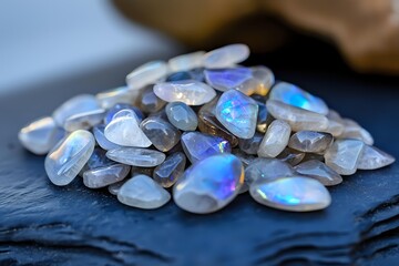 Rainbow moonstone gemstones with blue iridescent flash displayed on dark stone surface, showing natural play of light and ethereal adularescence effect.