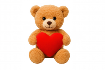 Brown teddy bear holding a soft red heart, representing love, valentine's day, and romance. Transparent background