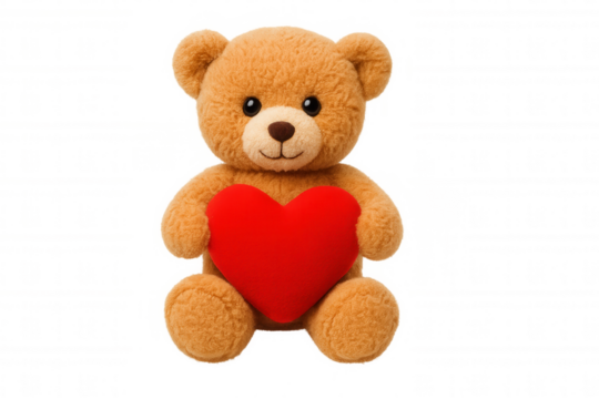 Brown teddy bear holding a soft red heart, representing love, valentine's day, and romance. Transparent background