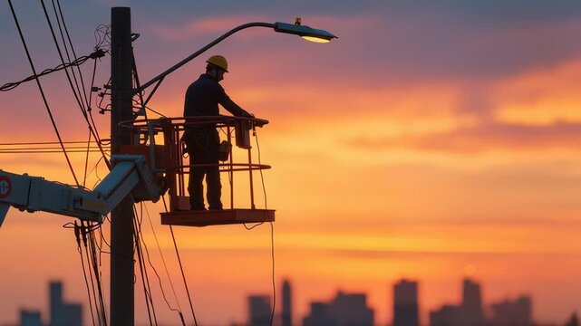 Electrician works on a street light using a lift platform at sunset with a city skyline in the background.