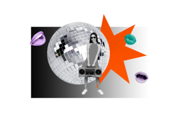 Composite photo collage of happy girl hold boombox player disco ball occasion relax lips mouth party event isolated on painted background