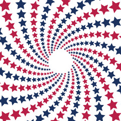 Abstract spiral pattern of red and blue stars inspired by the American flag, creating a patriotic and dynamic optical illusion on a white background.