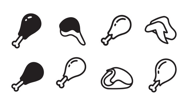Set of eight simple line art and solid black icons representing chicken drumsticks and wings. vector