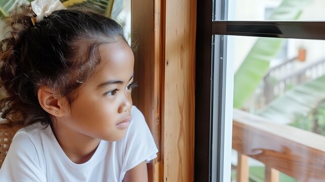 Young Asian woman with curly hair in white t-shirt gazing thoughtfully through window, natural lighting creates peaceful atmosphere for lifestyle and wellness content. - Powered by Adobe