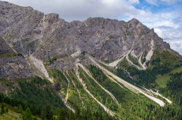 Majestic mountain landscape showcasing rugged cliffs, lush green valleys, and dramatic skies, embodying the beauty of nature's untouched wilderness