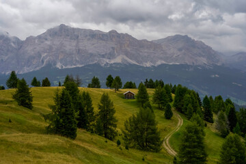 Scenic landscape featuring rolling hills, lush greenery, and a rustic cabin against a backdrop of majestic mountains under a cloudy sky