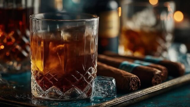 Pouring amber liquid into a crystal glass with ice cubes and cigars