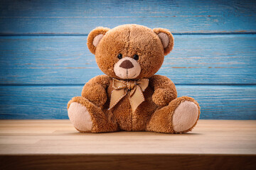 Vermont vintage teddy bear plush toy for kids, on blue color wood backdrop home decor