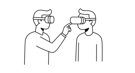Two people interacting with virtual reality headsets in a simple illustration
