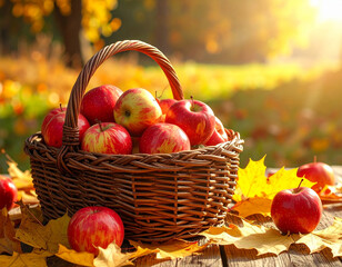Harvest basket with apples, Generated image